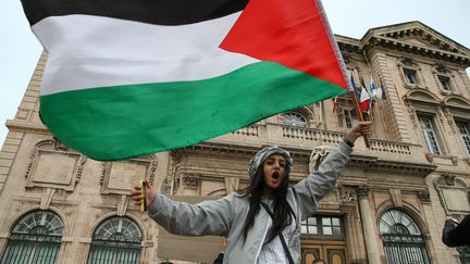 Une manifestante brandit un drapeau palestinien &agrave; Marseille (Bouches-du-Rh&ocirc;ne), le 29 novembre 2014. (DENIS THAUST / CITIZENSIDE / AFP)