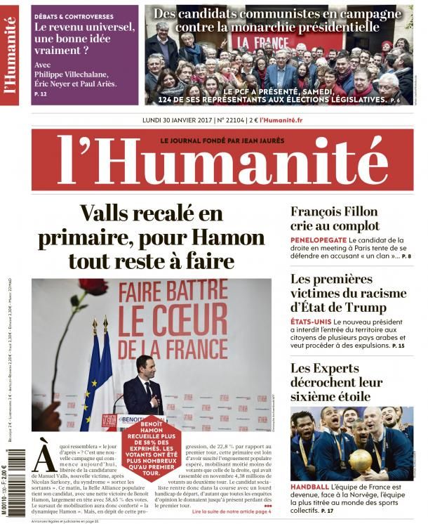 La une de "L'Humanite", le 30 janvier 2017. (L'HUMANITE)