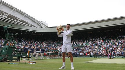 Novak Djokovic a remporté son vingtième titre du Grand Chelem, dimanche 11 juillet.&nbsp; (ADRIAN DENNIS / AFP)