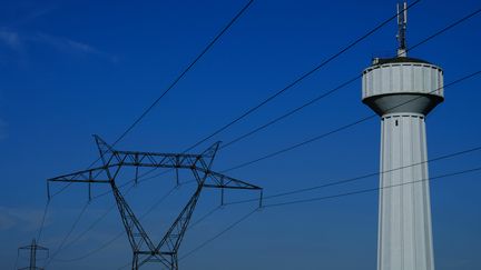 Un pylone électrique à&nbsp;St Pierre-des-Ifs (Calvados), le 14 août 2016. (JOEL SAGET / AFP)