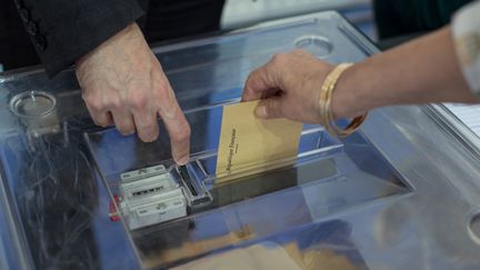 Une électrice glisse un bulletin de vote dans l'urne, dimanche 23 avril 2017 dans un bureau de vote de Bordeaux (Gironde). (CONSTANT FORME-BECHERAT / HANS LUCAS / AFP)