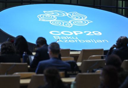 Des participants à la COP29 de Bakou, en Azerbaïdjan, le 13 novembre 2024. (ALEXANDER NEMENOV / AFP)