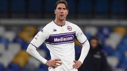 Dusan Vlahovic sous les couleurs de la Fiorentina, le 13 janvier 2022 à Naples. (FRANCO ROMANO / NURPHOTO / AFP)