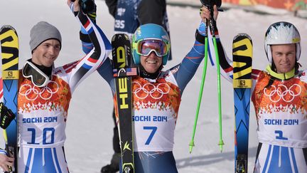 Missillier, Ligety et Pinturault apr&egrave;s le slalom g&eacute;ant, le 19 f&eacute;vrier 2014. (DIMITAR DILKOFF / AFP)