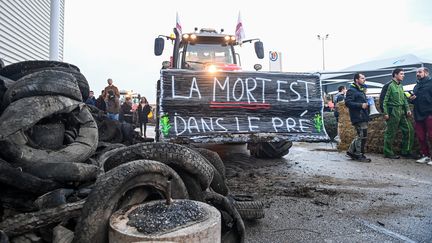 Des agriculteurs en colère à Beaune, le 26 janvier 2024. Des pneus et du lisier sont déversés devant une enseigne de grande distribution. (Illustration) (EMMA BUONCRISTIANI / MAXPPP)