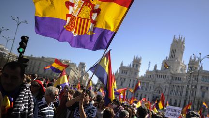 Des manifestants brandissent le drapeau de la Seconde R&eacute;publique espagnole, le 14 avril 2013 &agrave; Madrid.&nbsp; (PEDRO ARMESTRE / AFP)