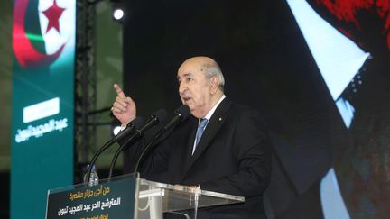 Le président algérien sortant Abdelmadjid Tebboune prononce un discours dans le cadre de sa campagne pour la prochaine élection présidentielle à Alger, le 03 septembre 2024. (TEBBOUNE CAMPAIGN PRESS SERVICE HANDOUT / MAXPPP)