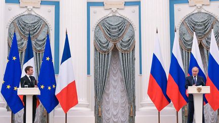 Le président français, Emmanuel Macron, et son homologue russe, Vladimir Poutine, donnent une conférence de presse au Kremlin, le 7 février 2022. (EPN / SIPA / NEWSCOM)