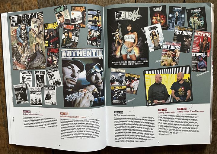 Une des pages de l'ouvrage "Get Busy, Anthologie", où l'on voit les différentes incarnations de "Get Busy", sous forme de fanzine, magazine, Web TV Show etc... (EDITIONS MARABOUT)