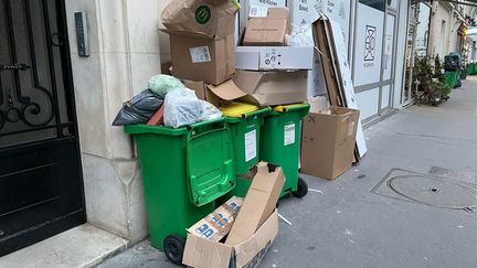 Des poubelles sur un trottoir dans le 15e arrondissement à Paris le samedi 11 mars 2023. (FREDERIC WITTNER/RADIOFRANCE)