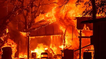 Un bâtiment est détruit par le "Park Fire" près de Paynes Creek, dans le comté de Tehama (Californie), le 26 juillet 2024.