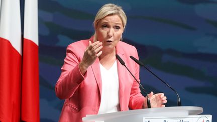 Marine Le Pen, la présidente du Rassemblement national, lors de son discours de rentrée à Fréjus&nbsp;(Var), le 6 septembre 2020 (photo d'illustration). (PHILIPPE ARNASSAN / MAXPPP)