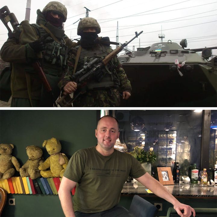 En haut à gauche, Ivan Rakych en tenue militaire dans le Donbass en 2015. En bas,&nbsp;Ivan Rakych dans un bar de Kharkiv en février 2022. (RAPHAEL GODET / FRANCEINFO / COLLECTION PRIVEE)