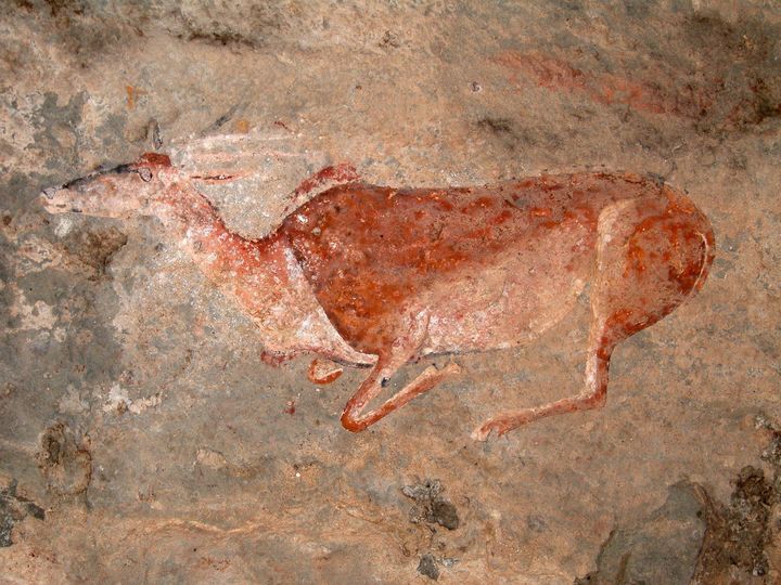 Antilope peinte à l'estompe dans la grotte de Burley (Afrique du Sud)&nbsp; (© Jean-Loïc Le Quellec)