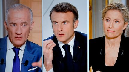 Emmanuel Macron lors de l'interview en direct sur TF1 et France 2, avec Gilles Bouleau et Anne-Sophie, le 14 mars 2024. (LUDOVIC MARIN / AFP)