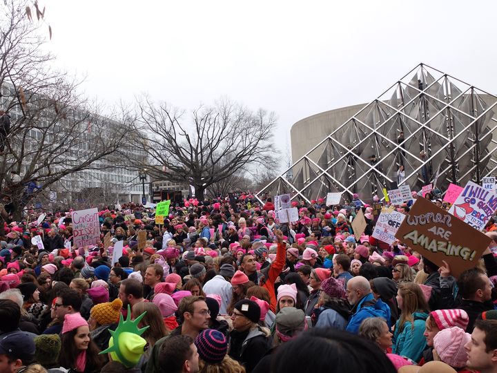 Pendant la Marche des femmes contre Donald Trump, à Washington D.C., samedi 21 janvier 2017. (MARIE-ADELAIDE SCIGACZ / FRANCEINFO)