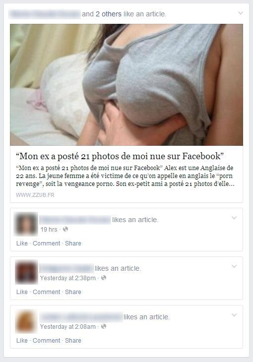 Avec son titre aguicheur et sa photo suggestive, "Mon ex a post&eacute; 21 photos de moi nue sur Facebook" a &eacute;t&eacute; particuli&egrave;rement partag&eacute; sur le r&eacute;seau social lors du week-end du 30 mars 2014. (VINCENT MATALON / FACEBOOK)