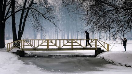 Un homme marche sur un pont au-dessus d'un lac gelé, à Skopje, le 17 janvier 2017. La Macédoine est aussi touchée par cette vague de froid. (ROBERT ATANASOVSKI / AFP)