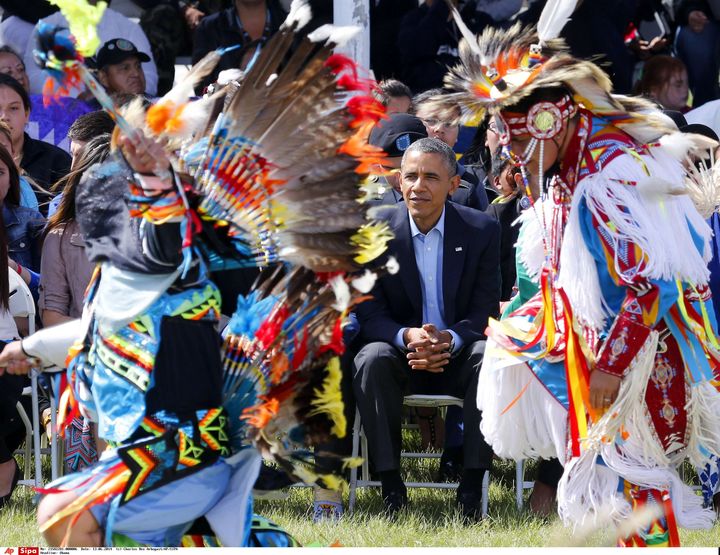 Visite d'Obama dans une réserve indienne&nbsp;de Standing Rock, Dakota,&nbsp; le 13 juin 2014 (CHARLES REX ARBOGAST/AP/SIPA / AP)