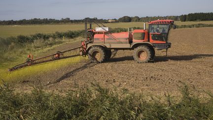 Un camion dans un champ en train d'épandre des pesticides (image d'illustration) (HTTPS://IMAGEBROKER.COM/10256621)