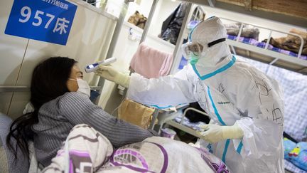 Un médecin prend la température d'une patiente, dans un hôpital de Wuhan, dans la province de Hubei, dans le centre de la Chine, lundi 17 février 2020.&nbsp; (AFP)