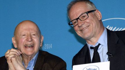 Gilles Jacob, président du Festival de Cannes, et Thierry Frémaux, son délégué général, le jour de l'annonce de la sélection officielle, le jeudi 17 avril 2014
