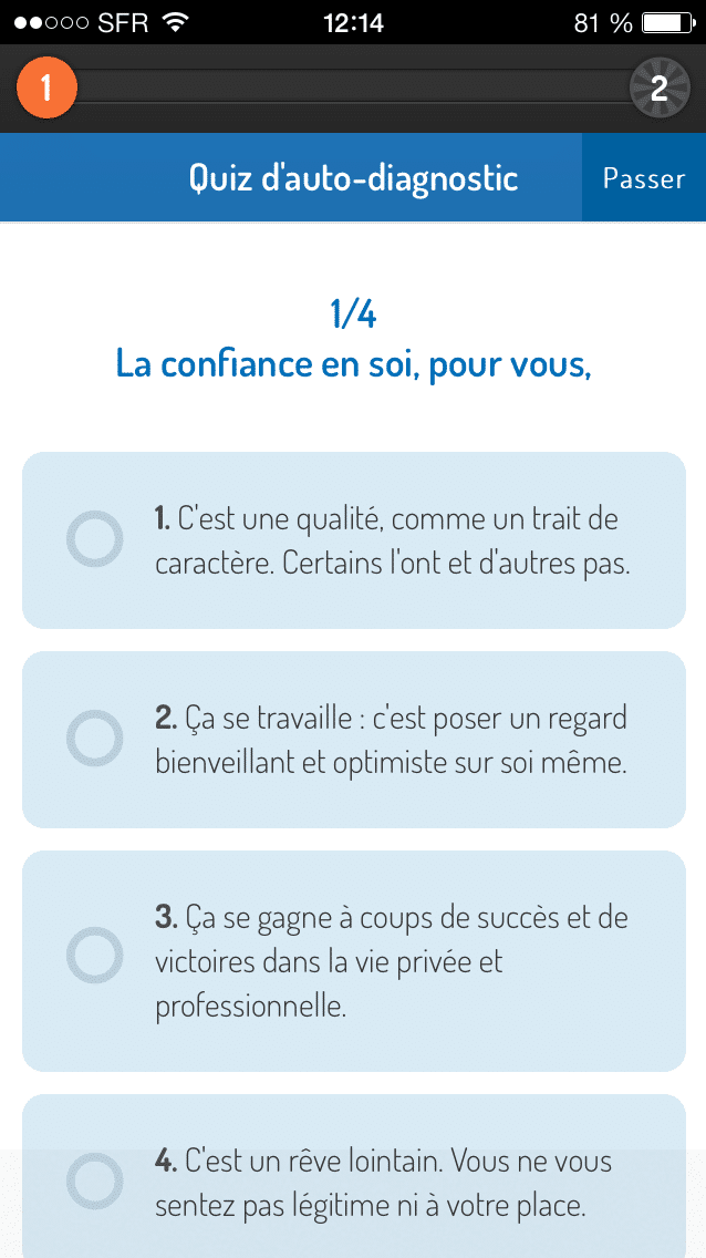 Exemple de question pos&eacute;e dans le "quiz d'auto-diagnostic", qui ouvre l'application.&nbsp; (LEADERSHIP POUR ELLES / FRANCETV INFO)