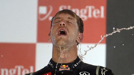 Le pilote britannique de Formule 1 Jenson Button se fait asperger de champagne &agrave; l'issue du Grand prix de Singapour, &agrave; Singapour, le 23 septembre 2012. (PUNIT PARANJPE / AFP)