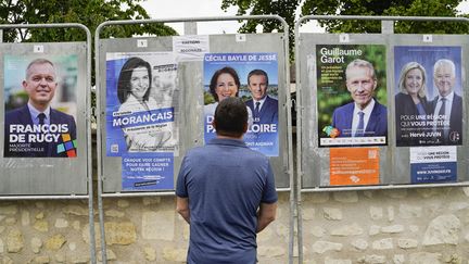 Les affiches du premier tour des élections régionales dans les Pays de la Loire photographiées à Blou (Maine-et-Loire), le 25 mai 2021. (FREDERIC PETRY / HANS LUCAS / AFP)