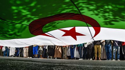 Des manifestants marchent sous le drapeau de l'Algérie, à Algers, le 31 mai 2019. (RYAD KRAMDI / AFP)