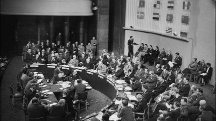 Photo prise le 22 septembre 1948 au Palais de Chaillot à Paris de la troisième Assemblée&nbsp;générale des Nations-Unies, à l'issue de laquelle fut adoptée, le 10 décembre 1948, la Déclaration Universelle des Droits de l'Homme.&nbsp; (STF / AFP)