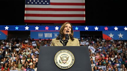 Kamala Harris, la vice-présidente américaine et candidate démocrate à la prochaine présidentielle, le 9 août 2024, lors d'un meeting à Glendale, en Arizona (Etats-Unis). (ROBYN BECK / AFP)