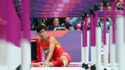 Le Chinois Liu Xiang au sol lors des JO de Londres en 2012 (OLIVIER MORIN / AFP)