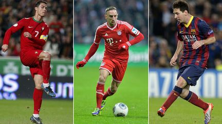 Cristiano Ronaldo, Franck Rib&eacute;ry et Lionel Messi, les trois joueurs qui se disputeront le Ballon d'Or, remis le&nbsp;13 janvier 2014. (AFP)