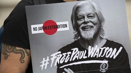 Un manifestant en faveur de la libération de Paul Watson, près de l'embassade du Danemark, à Paris, le 23 septembre 2024. (MARTIN LELIEVRE / AFP)