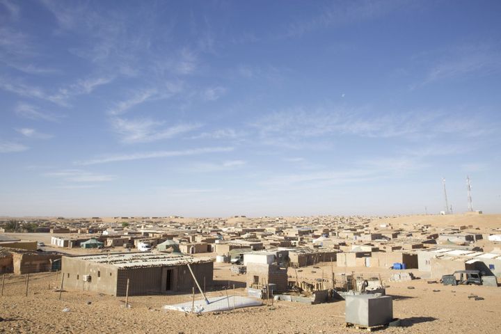 Vue du camp de Tindouf  dans le sud algérien, en avril 2018. Un des cinq camps créés en 1975 et 1976 pour accueillir les réfugiés sahraouis fuyant l'occupation du Sahara occidental par le Maroc, lors de la marche verte lancée par le roi Hassan II. (Noe Falk Nielsen/NurPhoto)