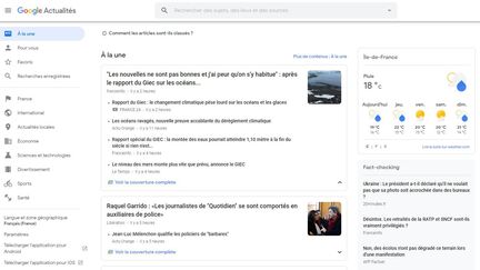 Capture d'écran de Google actualités, le portail d'information de Google. (GOOGLE ACTUALITES)