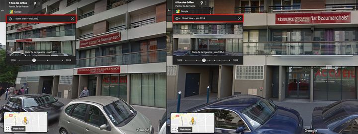 Des captures d'écran de la résidence Beaumarchais, à Pantin (Seine-Saint-Denis) datant de mai 2012 (à g.) et juin 2014 (à d.). (CAPTURES ECRAN GOOGLE STREET VIEW)