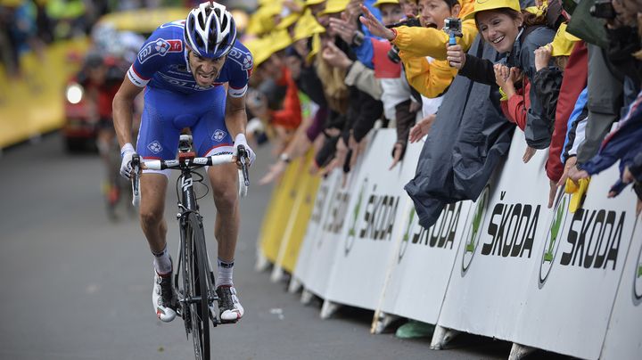 Thibaut Pinot lors de l'arriv&eacute;e de la 10e &eacute;tape du Tour de France, &agrave; La Planche-des-Belles-Filles (Haute-Sa&ocirc;ne), le 14 juillet 2014.&nbsp; (DAVID STOCKMAN / BELGA MAG / AFP)