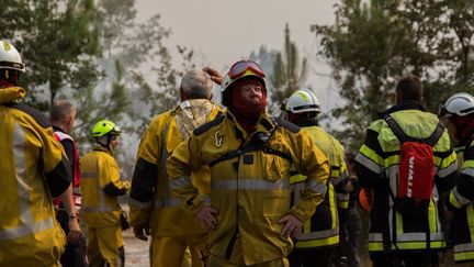 A Hostens (Gironde), un groupe de pompiers face a l'avancée du feu dans le secteur de Saint Magne, le 11 août 2022. (LAURENT PERPIGNA IBAN / HANS LUCAS)