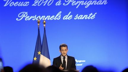 Nicolas Sarkozy à Perpignan, le 12 janvier 2010, pour ses voeux aux personnels de santé. (AFP/GERARD CERLES)