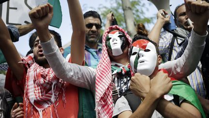 Des pro-palestiniens rassembl&eacute;s &agrave; Paris lors d'une manifestation interdite par les autorit&eacute;s, samedi 26 juillet 2014. (KENZO TRIBOUILLARD / AFP)