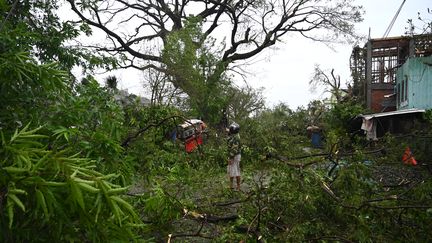 Des arbres couchés par les vents jonchent les rues, après le passage du cyclone Mocha à Kyauktaw, en Birmanie, le 14 mai 2023. (SAI AUNG MAIN / AFP)