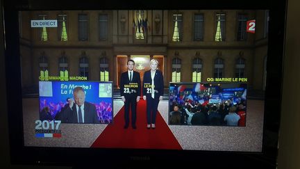 Affichage des résultats du premier tour de la présidentielle, sur France 2, le 23 avril 2017.&nbsp; (MAXPPP)