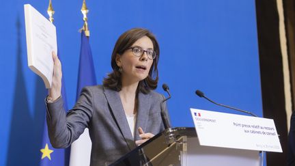 Amélie de Montchalin, la ministre de la Transformation de la fonction publique, lors du point presse relatif au recours aux cabinets de conseil, le 30 mars 2022. (VINCENT ISORE / MAXPPP)