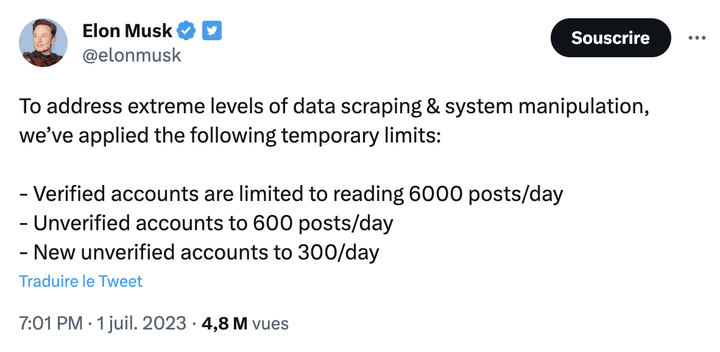 Capture d'écran d'un tweet posté le 1er juillet 2023 par Elon Musk, patron de Twitter. (Capture d'écran / Twitter)