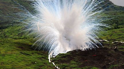 Explosion de phosphore blanc lors d'un exercice militaire &agrave; Ta&iuml;wan, le 7 juin 2012. (SAM YEH / AFP)