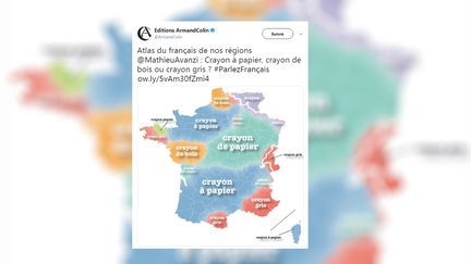 Capture d'écran d'un tweet d'une carte de linguiste Mathieu Avanzi issu de son livre "Atlas du français de nos régions", aux éditions Armand Colin. (ARMAND COLIN / FRANCEINFO)