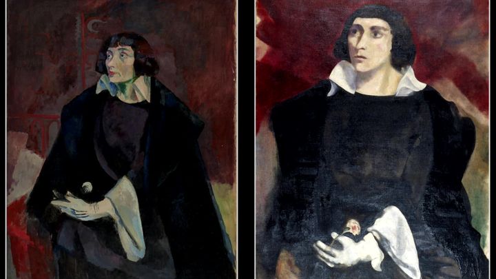 A gauche le portrait de Bella Chagall attribué à Robert Delaunay, à droite celui peint par Marc Chagall. (France Télévisions / Capture d'écran)
