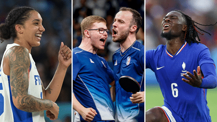 Gabby Williams, Alexis Lebrun, Simon Gauzy et Manu Koné aux Jeux olympiques, le 9 août 2024. (AFP)